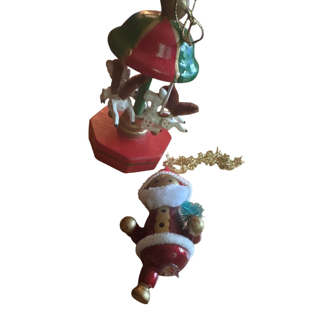 Vintage Wooden Carousel Santa Claus Ornament Set Red Green Gold Holiday Decor